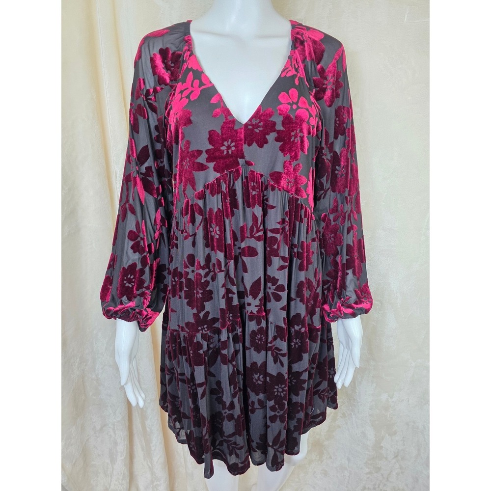Taylor Burnout Velvet Floral‎ Mini Dress Burgundy Grey V-Neck Tiered Babydoll 10